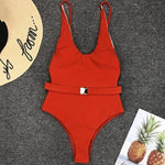 V Neck Ribbed High Cut Women Swimwear One Piece Swimsuit Female Backless Monokini with Waist Belt Bathing Suit Swim Beachwear