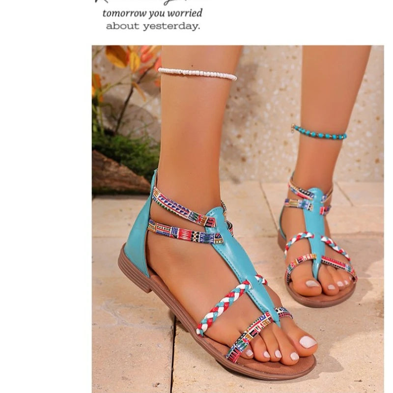 Bohemian Style Mixed Color Flat Sandals For Women 2026 Summer Pinch Narrow Band Zip Cover Heel Roman