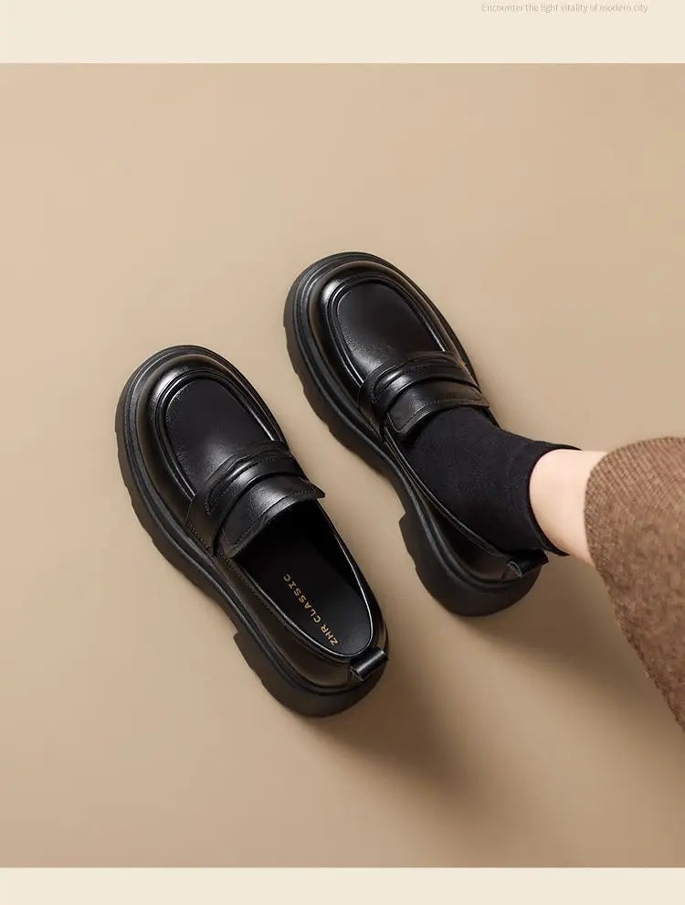 2026 Thick-Soled Waterproof British-Style Women's Loafers - Winter Retro Slip-On Height-Boosting Shoes, Simple & Lightweight