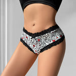 1pcs Low Waist Print Decor Sexy Lace Women's Panties Patchwork Elegant Sexy Lingerie Breathable Comfortable Fashion Lady Briefs