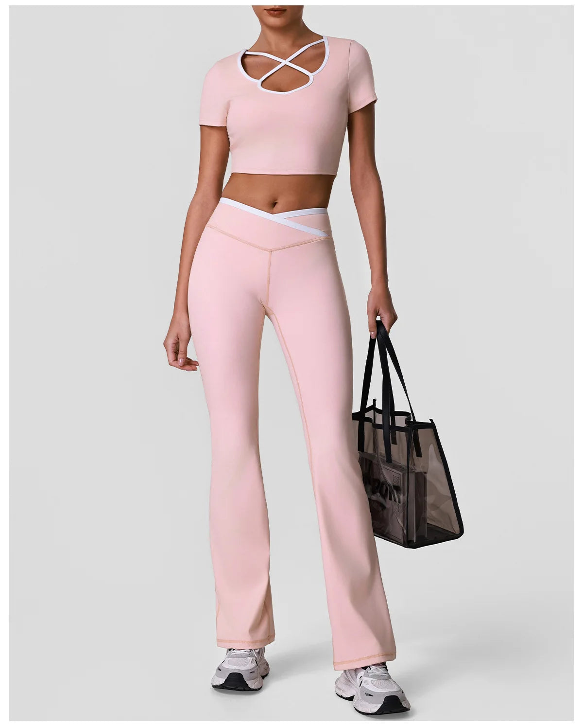 Summer Quick Drying Yoga Sets Women Black Patchwork Short Sleeve Cross Neck Sports Top High Waist Flared Pants Fitness Suits