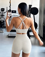 2Pcs Women Yoga Outfit Halter Neck Crop Top Shorts Soft Elastic Sportswear Running Training Clothes