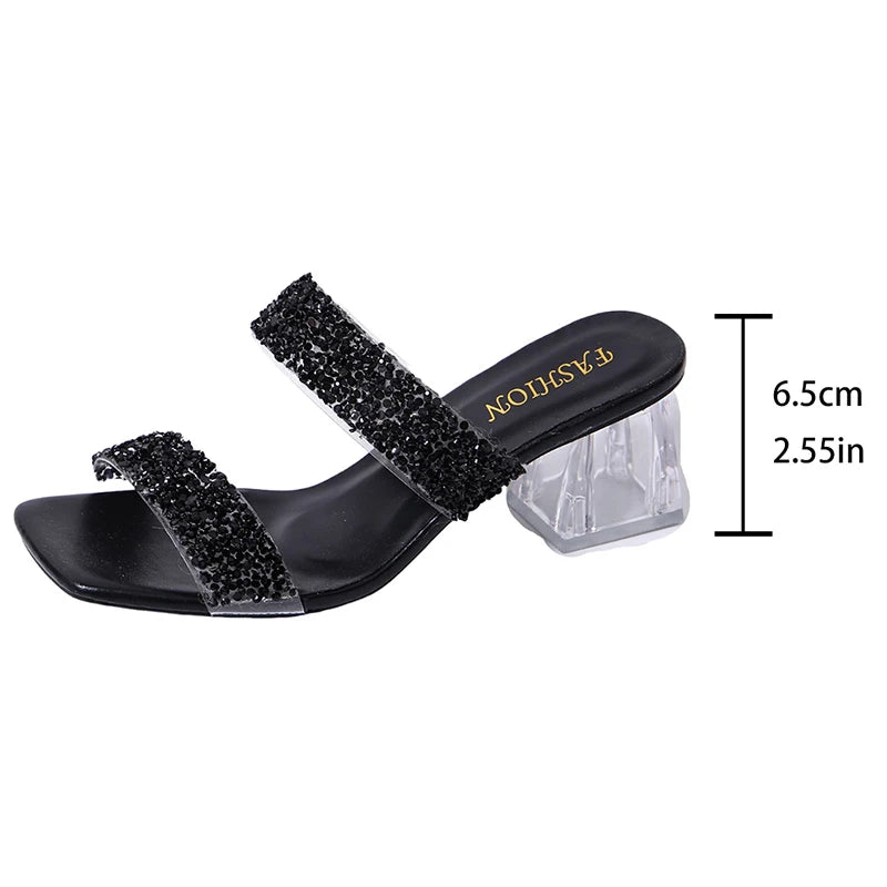 Shiny Sequins High Heels Sandals Women Plus Size 43 Square Toe Transparent Heel Slippers Woman Slip On Gold Crystal Party Shoes