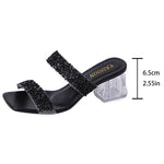 Shiny Sequins High Heels Sandals Women Plus Size 43 Square Toe Transparent Heel Slippers Woman Slip On Gold Crystal Party Shoes
