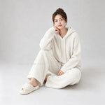 Soft Vertical Texture Loose Wearable Outside Autumn Winter Sleepwear Women Korean Lazy Style Hooded Half Velvet Pajama Set