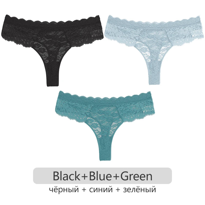 Full Lace Thongs Women 3Pcs/set Sexy G-string Underpants S-XL Ladies Floral T-Back Underwear Female Bikini Panties Girl Lingerie