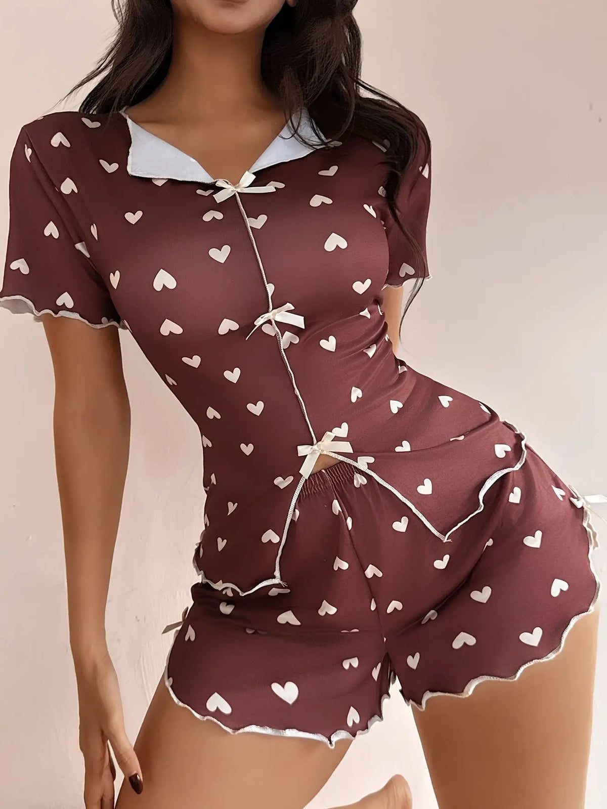 Women's Sleepwear Pajama Set Top and Shorts 2-piece Pajama Set Love Printed Lapel Bow Women's Loungewear