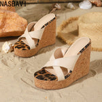 Women Summer Fashion Sexy Slippers Shoes Leopard Patchwork Sexy Open-Toe Sandals 12CM Summer Platform Wedges High-Heeled Sandals