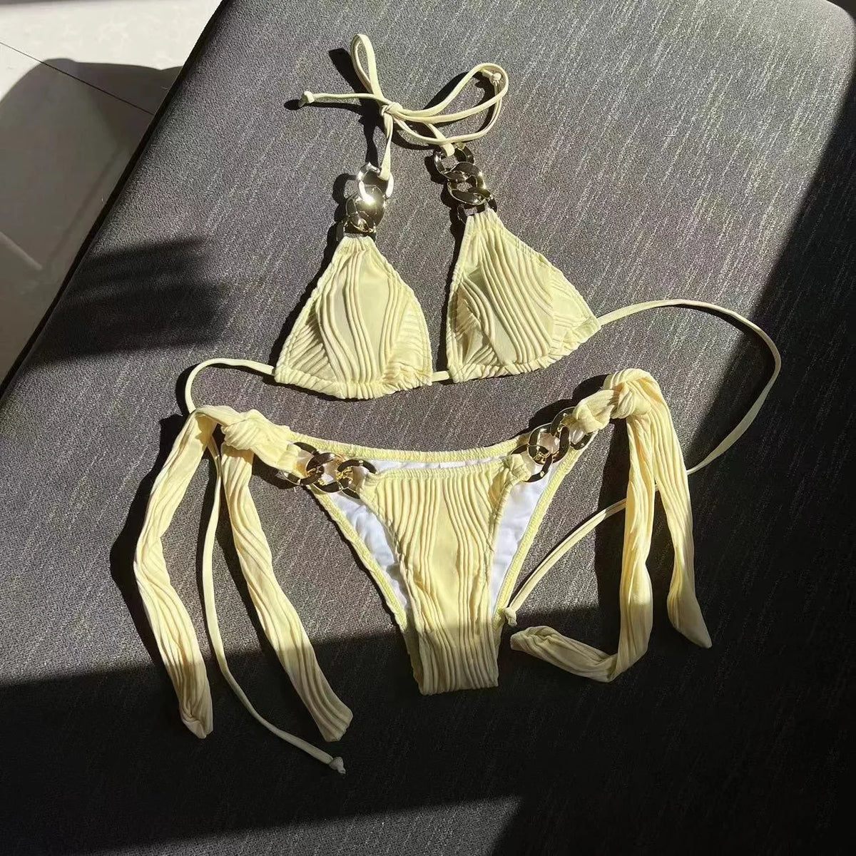 Sexy Metal Chain Thong Bikini 2025 Women White Black Cut Out Push Up Micro Swimsuit Beach Bathing Suit Tie Side Thong Swimwear