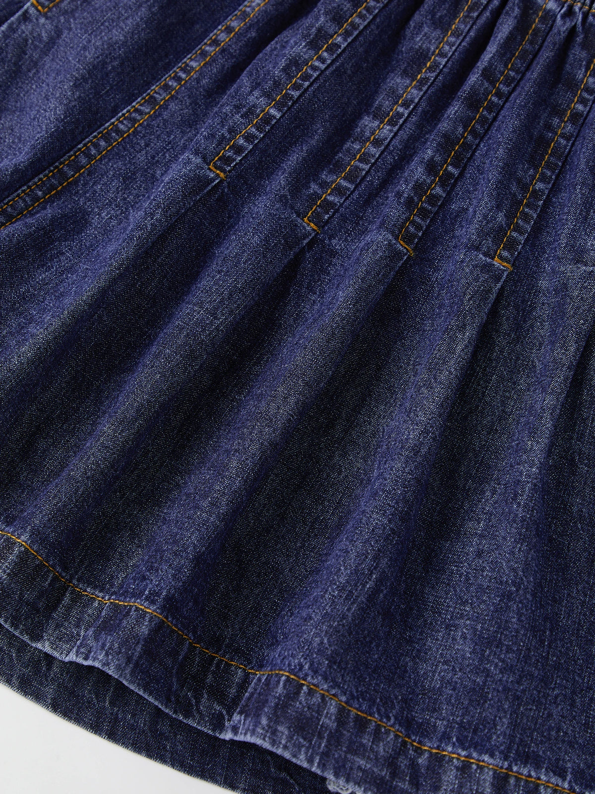 Womens Loose Fit Denim Shorts Drawstring Elastic Mid Rise Pleated Wide Leg Short Pants Casual Stylish Summer Skorts