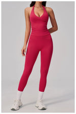 Summer Seamless Yoga Sets Women V Neck Slim Sports Tank Top Fitness Suit Peach Hip High Elasticity Leggings Running Tracksuit