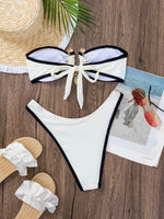 DEKA Solid BandeauU Ring Bikini High Waist Swimsuit Women Tie Side Shiny Metal Hardware Ring Bandeau Swimwear Padded Bra Top