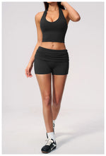 2PCS Yoga Set Women V-neck Cross Neck Shock-absorbing Sports Vest Workout Pleate Flip High Waist Shorts Gym Runing Fitness Suits