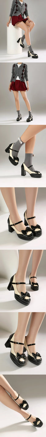 Plus Size 32-48 Sweet Lolita Patent Leather Mary Jane Shoes Women Gothic Square Toe Bow Tie Platform Chunky Heels Brogue Pumps