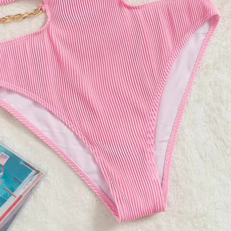 Sexy Push Up Underwire One Piece Swimsuit Women Solid Pink Metal Chain Hollow Out Ribbed Bathing Suit Backless Swimwear Monokini