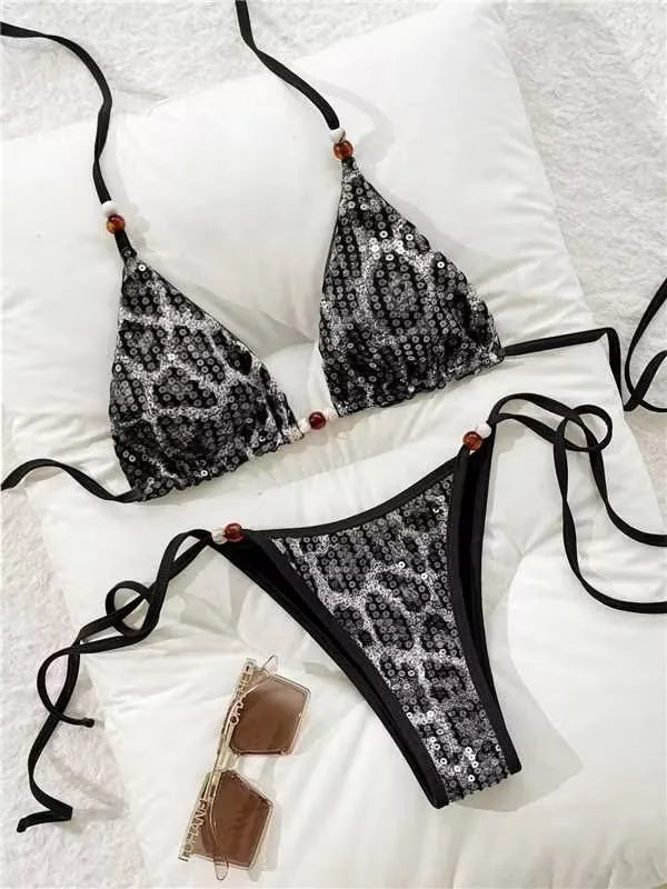 DEKA Leopard Sequins Halter Strappy Bikini Set Women Swimwear Female Swimsuit Two-pieces Bikini Bather Bathing Suit Swim