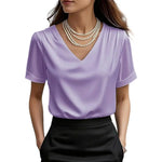 Women T-shirt Solid Color Loose Fit Smooth Satin V-Neck Short Sleeve Tops Ladies Summer Casual Tee Shirt Daily Wear