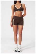 Tight Color Contrast Yoga Suit 2 Pieces Women V Neck Sports Bra Pleate High Waist Shorts Gym Running Fitness Suits Tracksuit