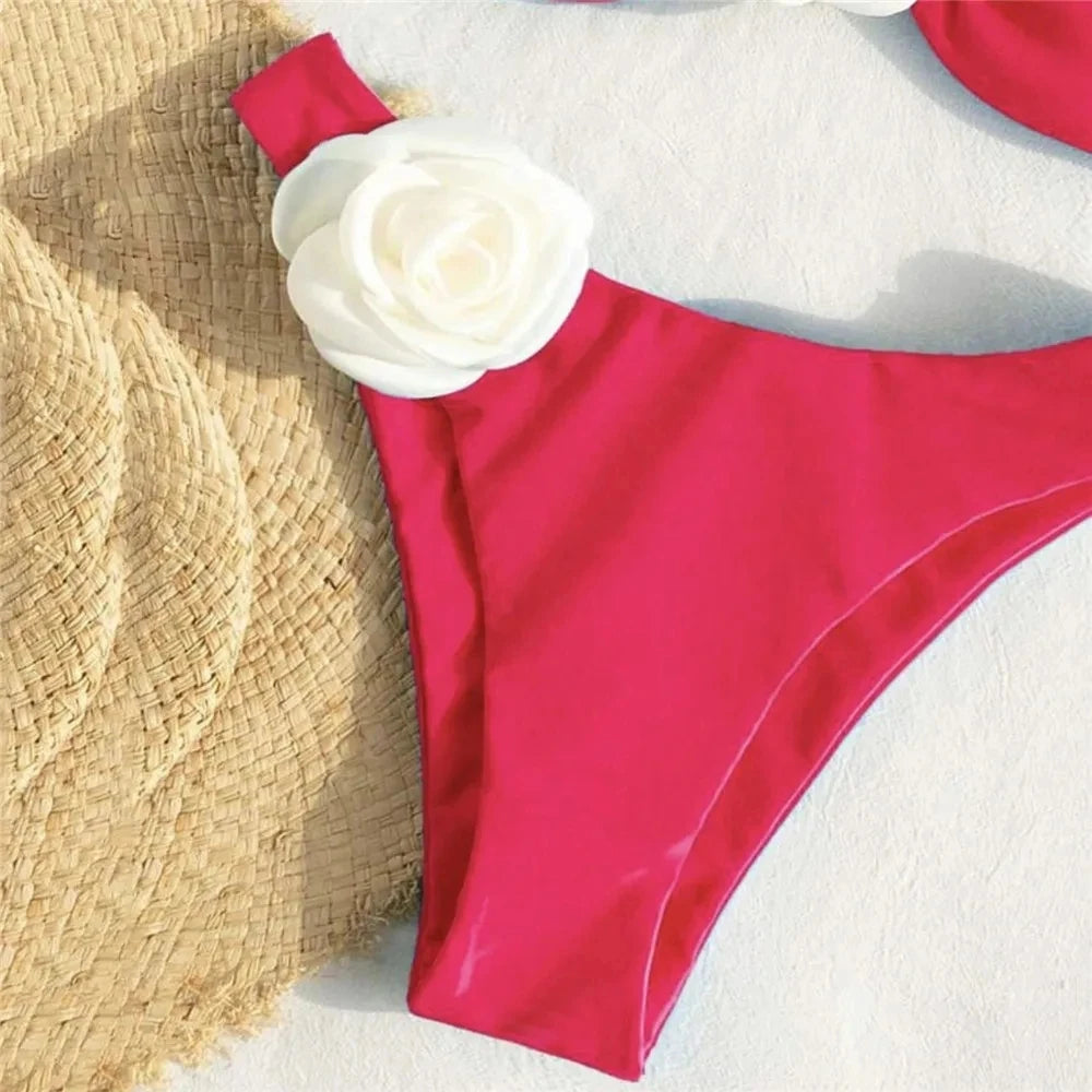 Sexy Flower Bandeau Swimwear Thong Bikini 2026 Women Lace-up Swimsuit Swimming Bathing Suit Brazilian Bikinis Sets Mujer Biquini