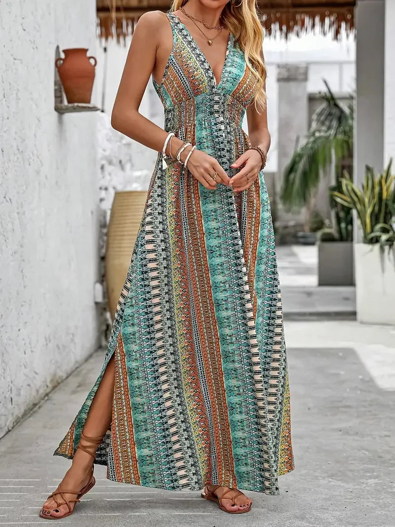 Bohemian Style Print Sleeveless Long Dresses Women Summer V-neck Backless Leace-up Slit Dress Casual Lady Vacation Vestidos