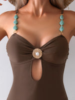 Vintage Coffee Swimwear Women 2026 Pearls Strap Hollow Out Metal Diamond Tummy Control One Piece Swimsuit Beach Bathing Suits