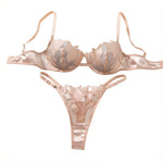 Nude Pink Floral Embroidery Lingerie Set Women Sheer Mesh Push Up Bra And Thong 2 Piece Sexy Transparent Lace Underwear ZA824031