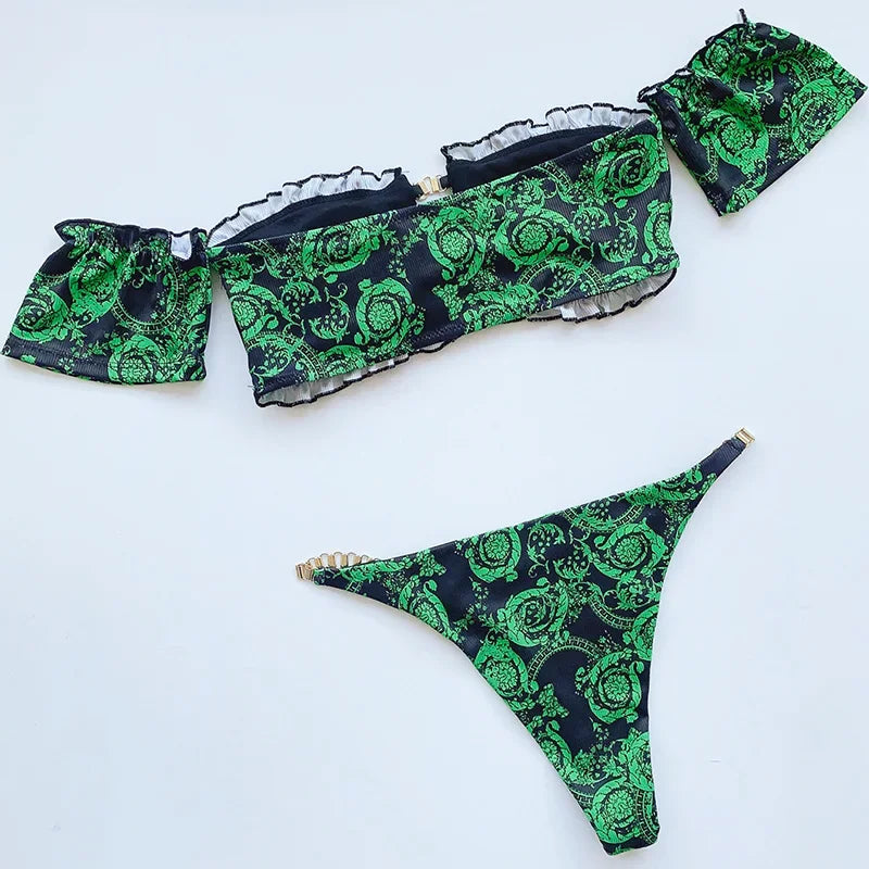 Floral Print Off Shoulder Bikini 2025 High Cut Swimsuit Women Female Brazilian Swimwear Two pieces Bikini set Bathing Suit Swim