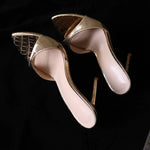 Women's Gold Crocodile Embossed Metallic Stiletto Mules - Open Toe High Heel Sandals for Party, Summer & Evening