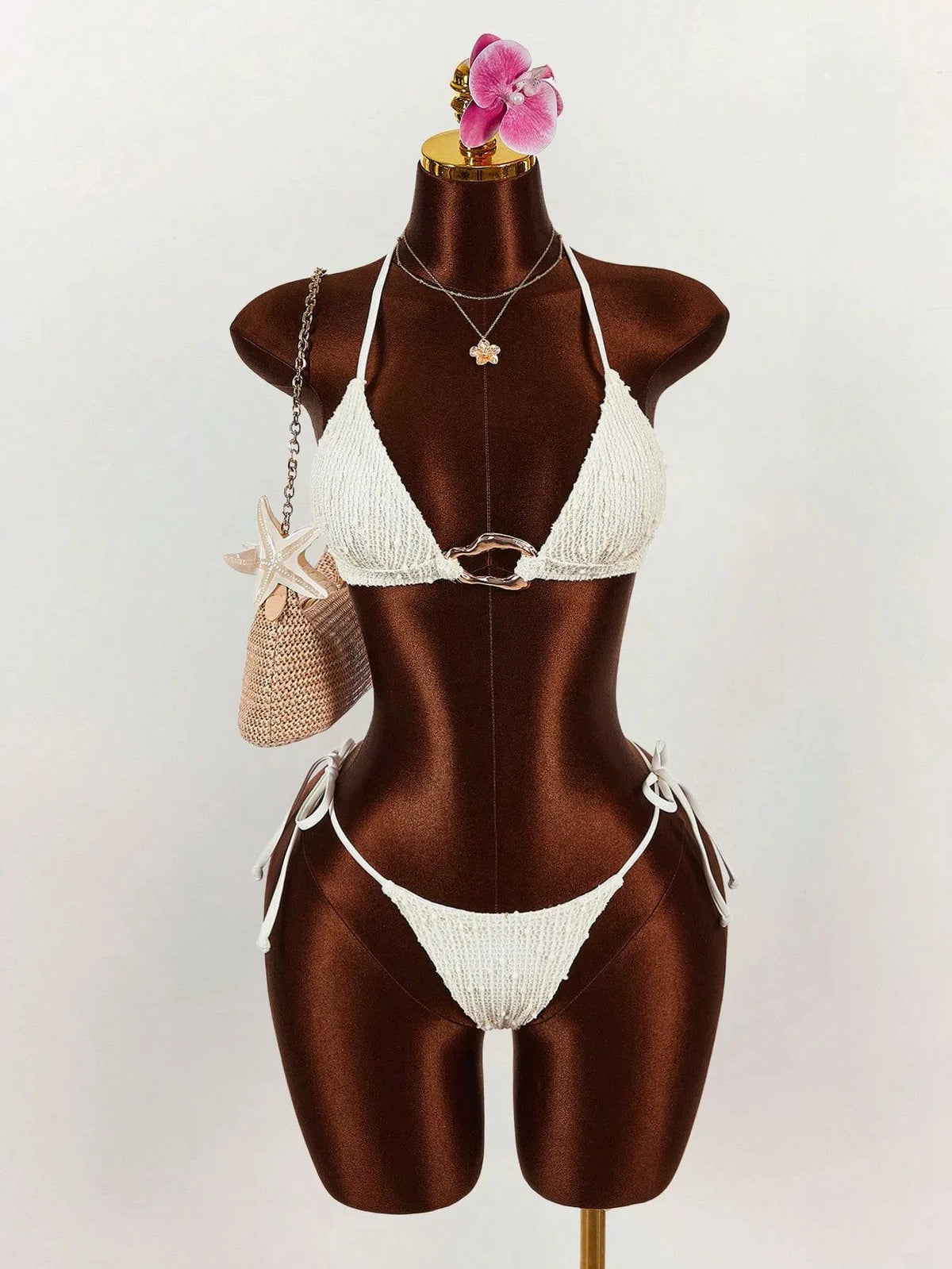 DEKA New Women's Beige Three Piece Long Sleeve Bikini Set Sexy Long Sleeve Cover UpSwimsuit Elegant Beachwear
