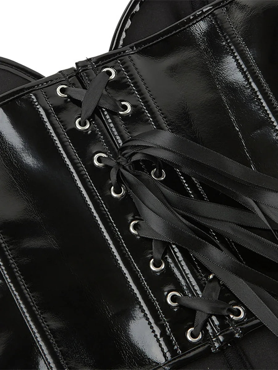 Women PU Leather Bustier Back Lacing-up Fish Boned Corset Curved Hemline Crop Tank Tops