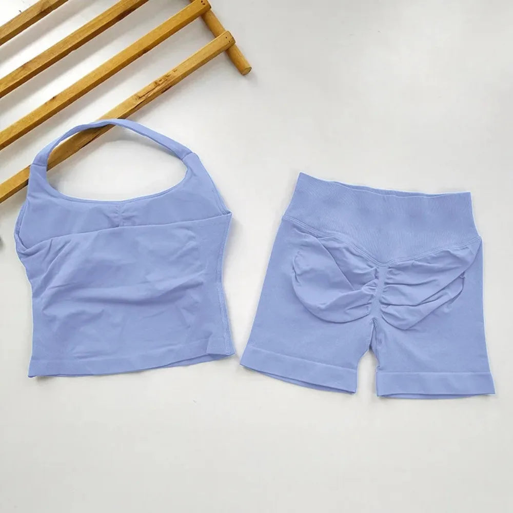 Yoga 2 Pieces Gym Set Women Backless Halter Tops High Waist Seamless Shorts Gym Suit Fitness Sports Bras Sportswear Workout Sets