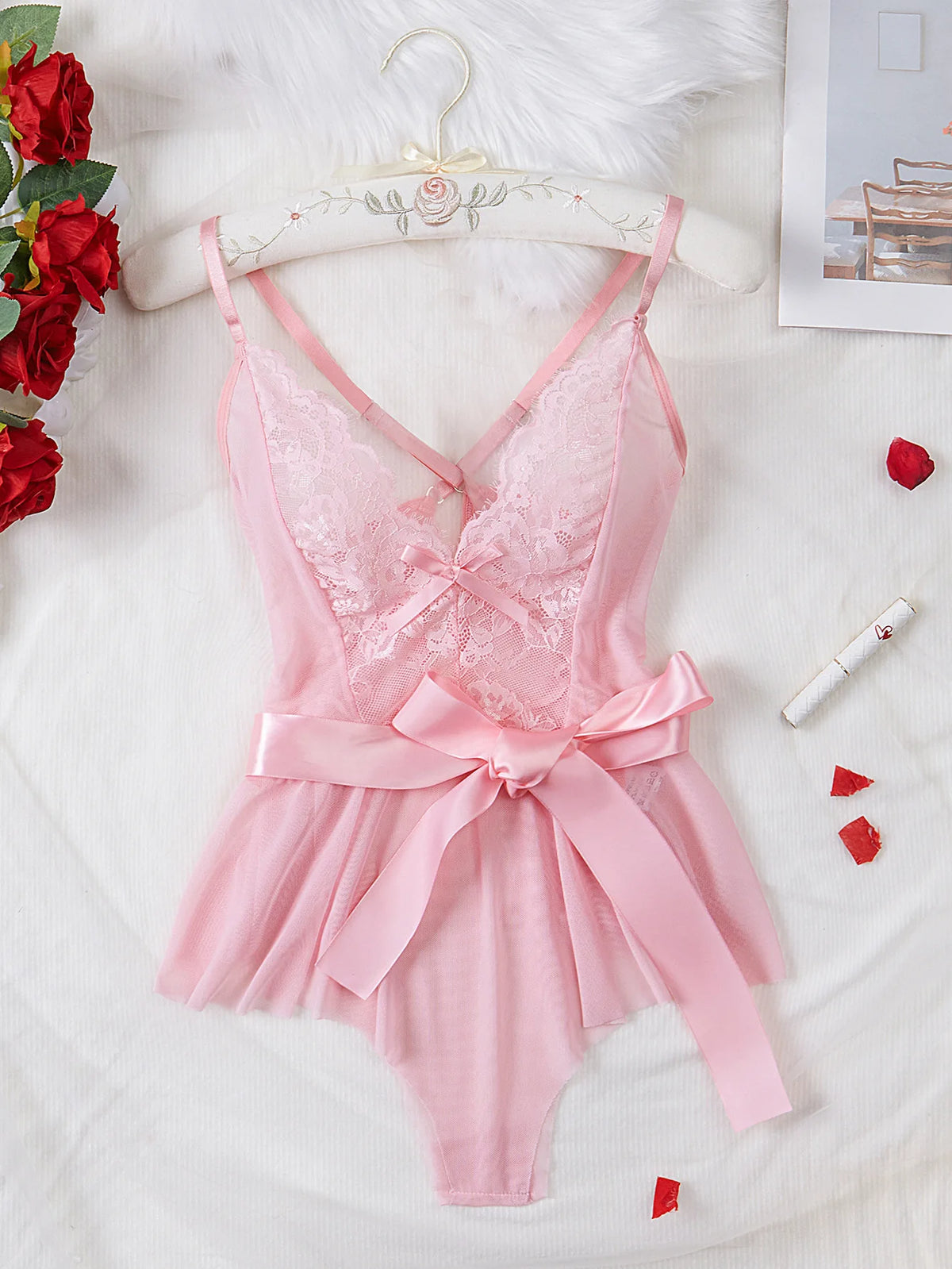 Women's Hollow See Through Bodysuits Slim Fit Erotic Sheer Lace Jumpsuit Bodysuit Sexy Fashion Pajamas One-Piece Suit