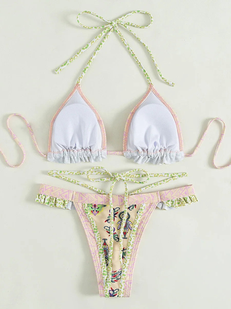 Floral Printed Halter Ruffled Frilled Bikini Women Swimwear Female Swimsuit Two-pieces Bikini set Thong Bathing Suit Swim Lady