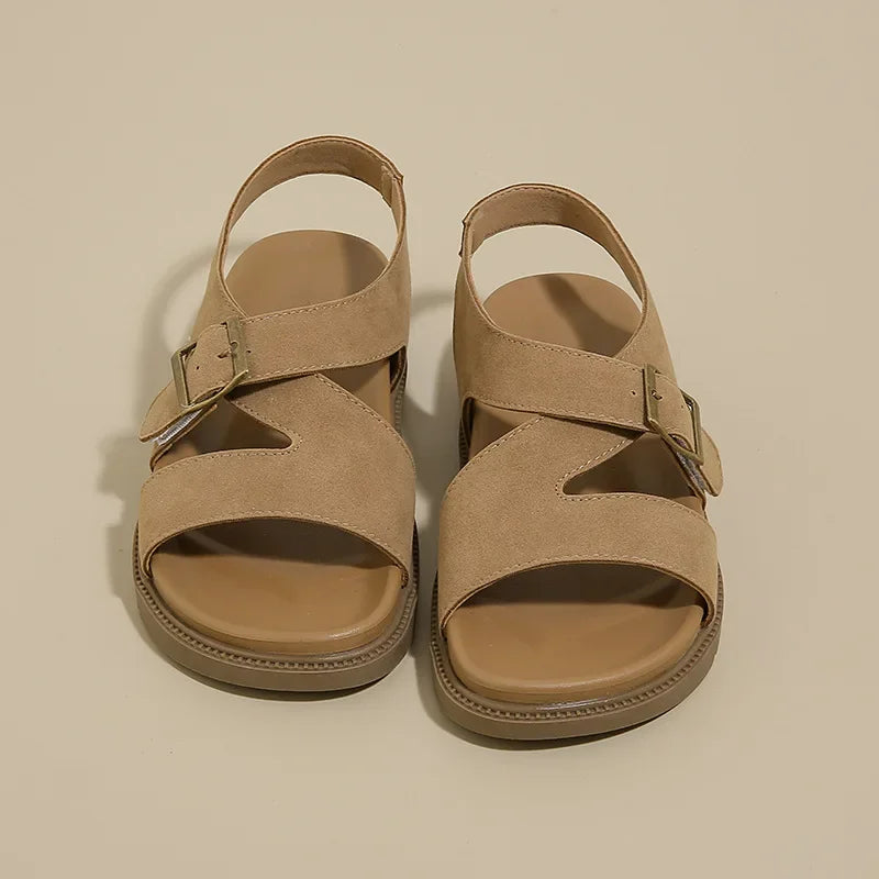 Women Sandals Summer New Solid Color Open Toe Flat Casual Slippers Buckle Fashion Outdoors Beach Sandals Sandalias De Mujer