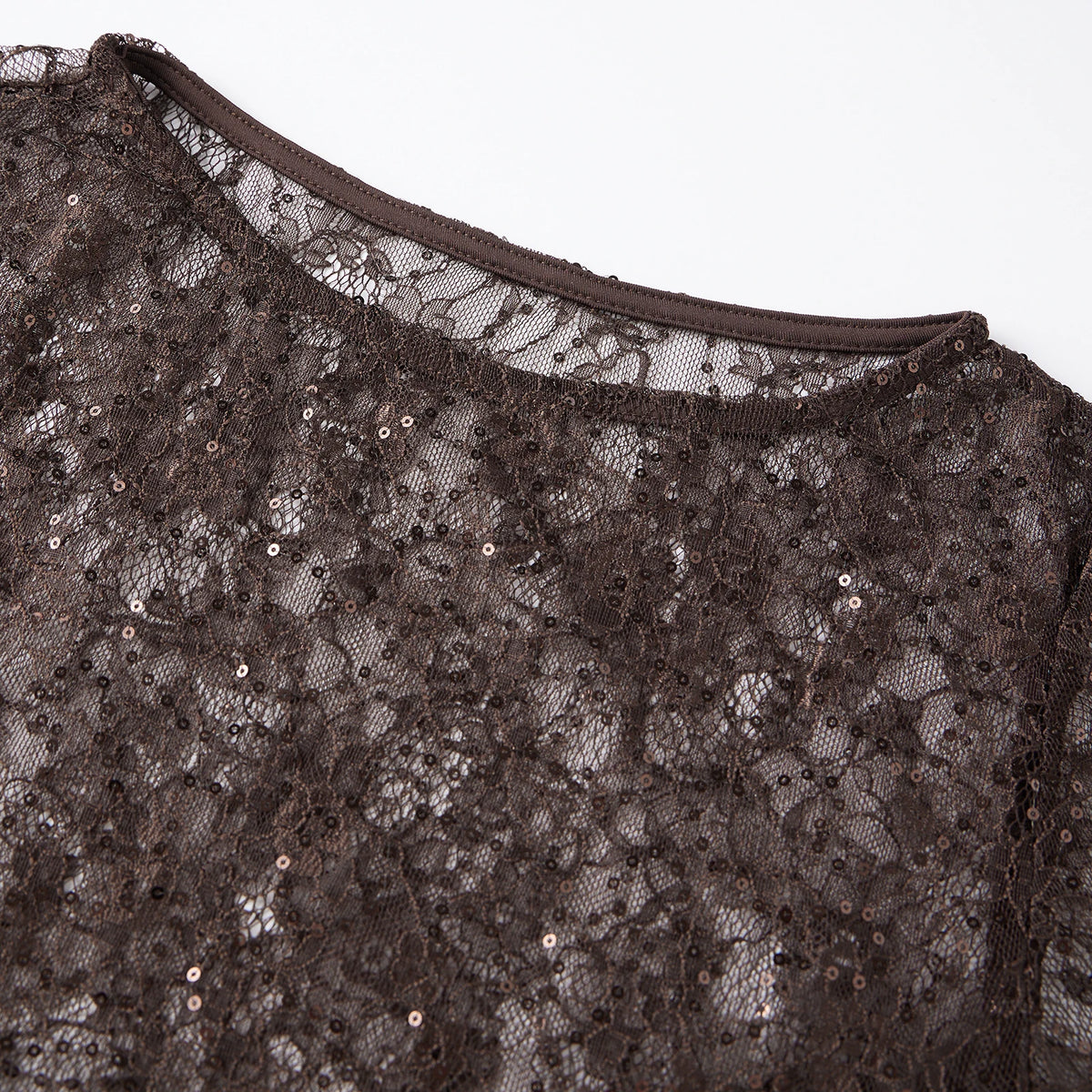 Women Spring Summer Solid Color Slim Sheer T-shirts Long Sleeve Crew Neck Shiny See-through Lace Tops Clubwear