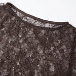 Women Spring Summer Solid Color Slim Sheer T-shirts Long Sleeve Crew Neck Shiny See-through Lace Tops Clubwear