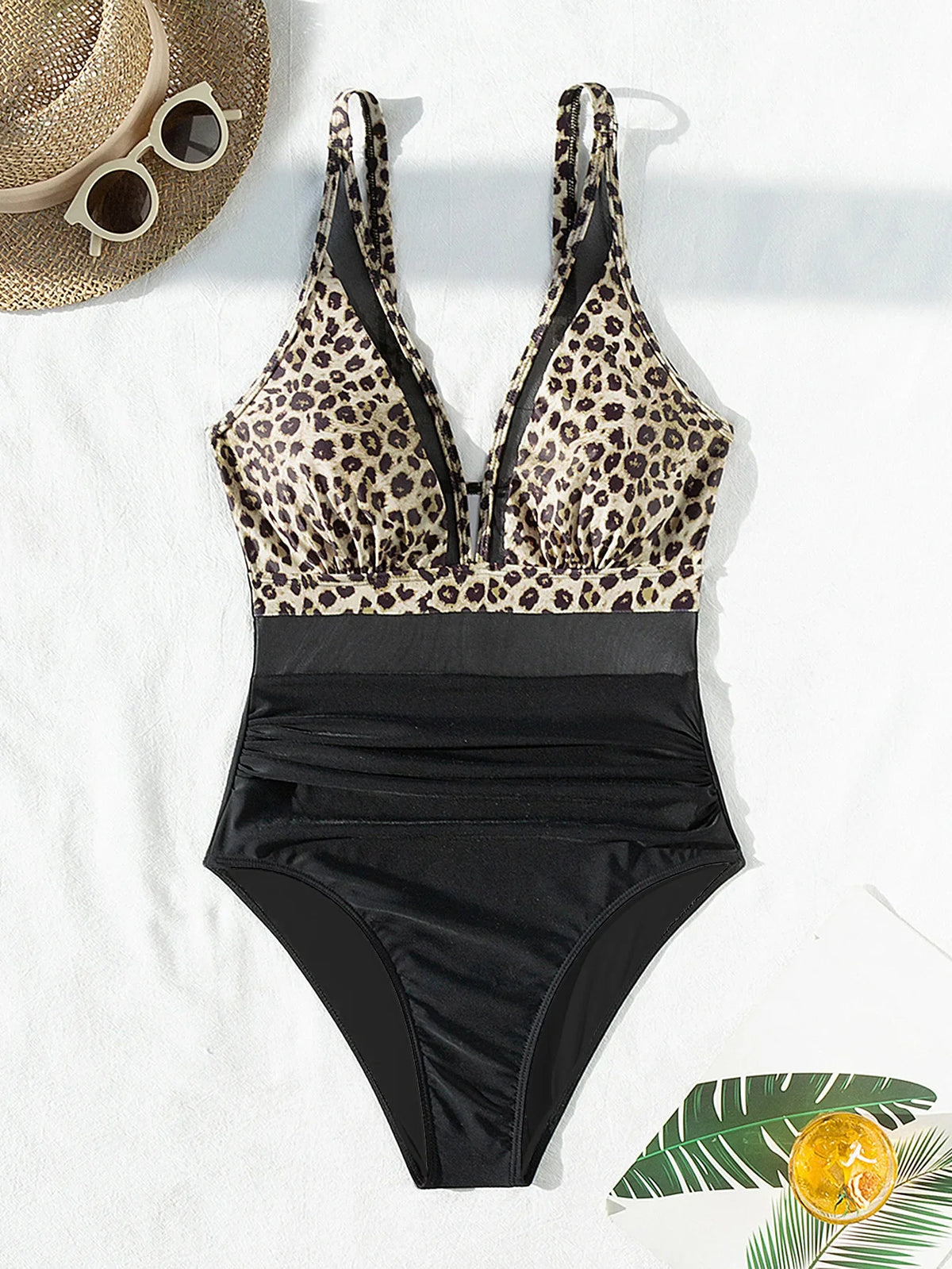 Solid Color One Piece Bikini for Women,sexy Deep-V Neck Suspender Backless Swimsuit,high Waist Translucent Striped Mesh Swimwear