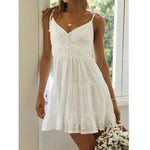 Foridol White Lace Sleeveless Summer Dress Women Hollow Out Embriodery Sundress Casual Button Beach Boho Vintage Short Dress