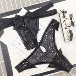 Sexy Women's Thong Erotic Cross Hollow T Pants Starry Sky Shiny Sequins Black Mesh Transparent Bow Perspective Briefs Lingerie