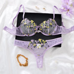 Women's Purple Floral Embroidery Lingerie Set Half Cup Push Up Bra And Thong Sheer Mesh Lace Comfortable Sexy Underwear ZA824026