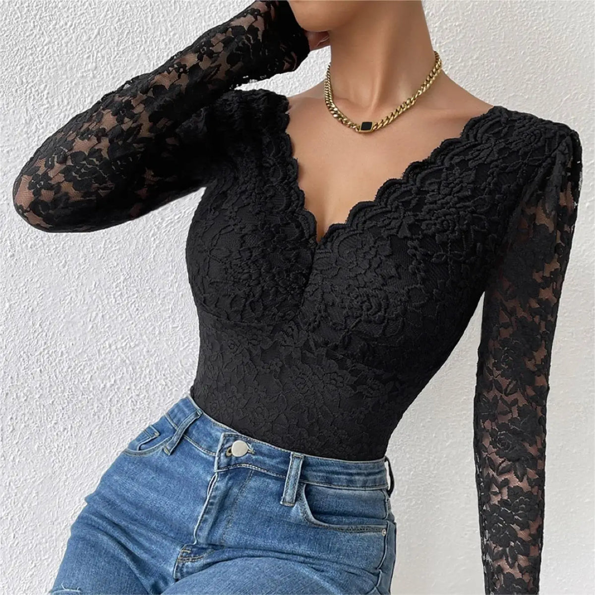 Sexy White Lace Bodysuit Women Solid Color Long Sleeve Sheer Corset Top Autumn Ruffles V Neck See Thourgh Slim Fit Jumpsuit