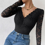 Sexy White Lace Bodysuit Women Solid Color Long Sleeve Sheer Corset Top Autumn Ruffles V Neck See Thourgh Slim Fit Jumpsuit