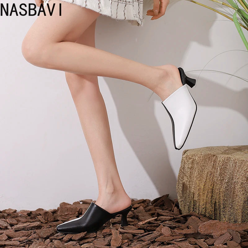 NASBAVI New Breathable Hollow Slippers Stone Pattern Leather Pumps Women Chunky Heels Mules Black Dress Shoes Big Size 45 46 47