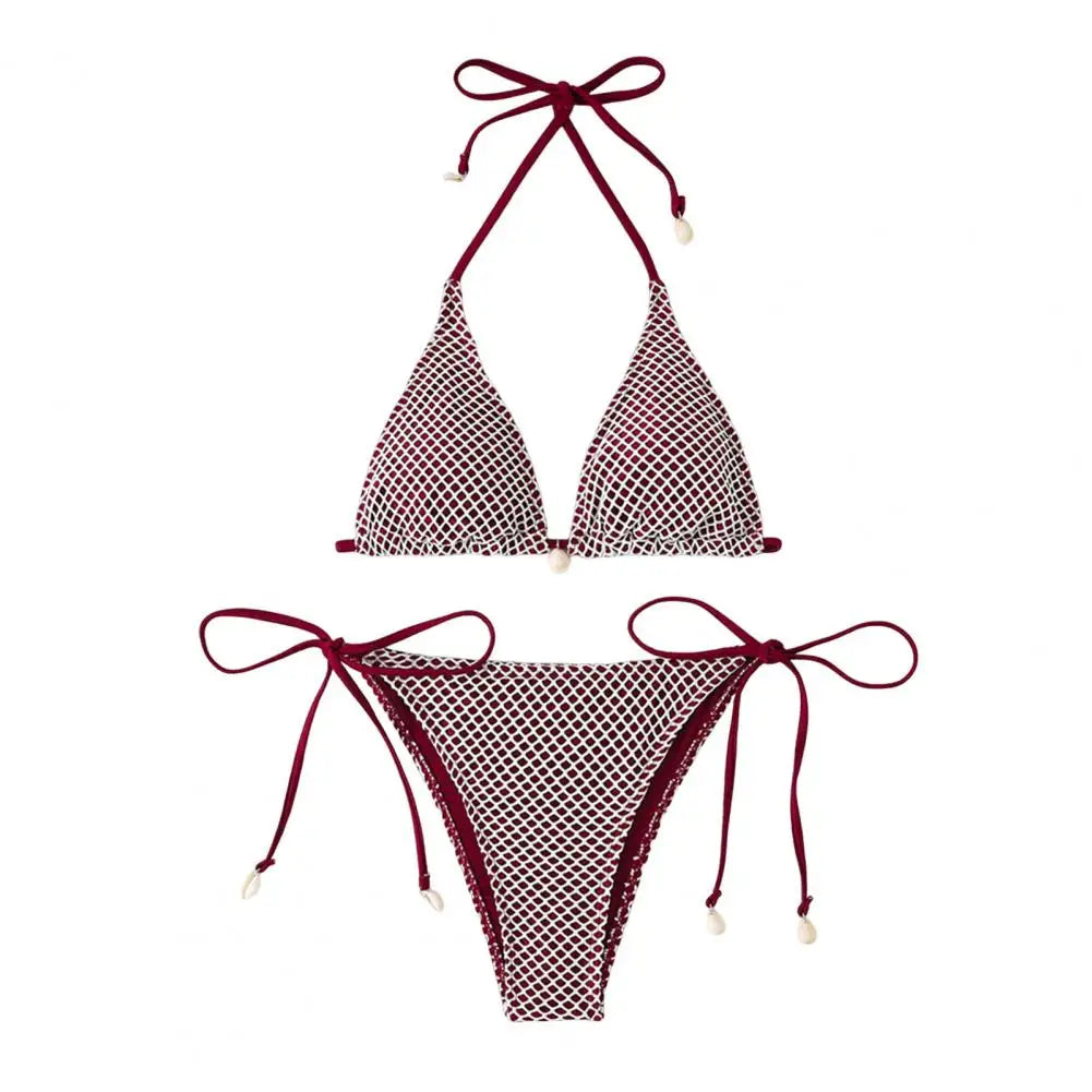 2Pcs/Set Women Bikini Set Chest Pad Push Up Halter Neck Bra Adjustable Side Straps Swimming Briefs Set Lady Mesh Summer Swimwear