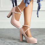 2026 Plus Size 43 Elegant Pink Cross-strap Pumps Office Lady Classic Black High Heels Shoes Women Purple Platform Party Shoes