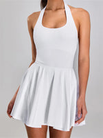 Summer Sleeveless Halter Slim Tennis Dress Women Sexy 2-in-1 Hollow Backless Golf Sports Dresses Outdoor Running Fitness Skirt
