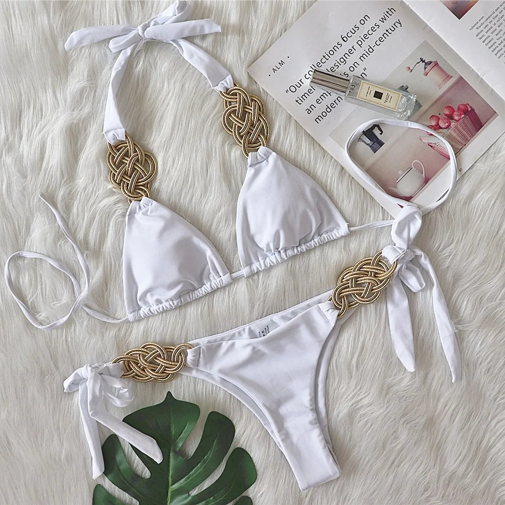 DEKA Sexy Red Weave Patchwork Bikini Set Women White High Cut Push Up Thong Swimsuit Vintage Beach Bathing Suit Mini Swimwear