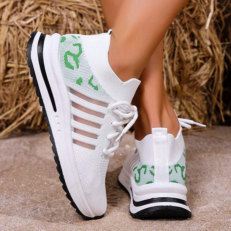 2026 Hollow Out Breathable Sneakers Women Plus Size Printed Thick Sole Walking Shoes Woman Comfortable Knitted Flats Female