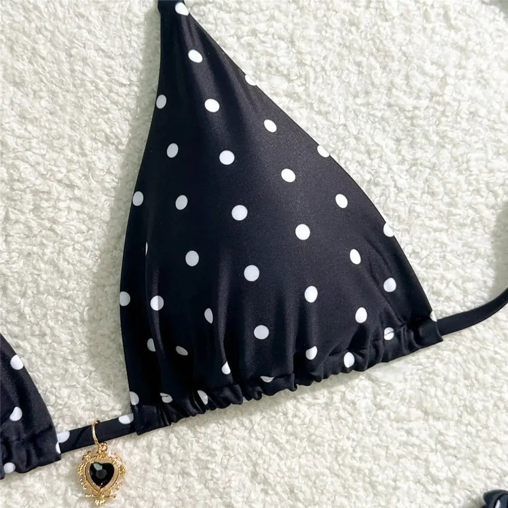 Sexy Black Dot Print Triangle Micro Bikini Thong Set Swimsuit Women 2026 String Halter Swimwear Heart Rhinestones Bikinis Mujer
