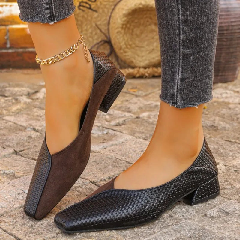 New Women's Shoes Fashion Square Toe Shallow Mouth Splice Slip-on Square Heel Single Shoes